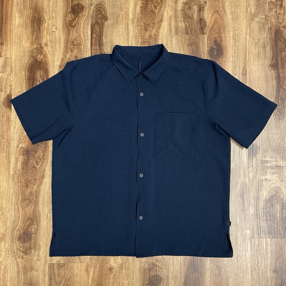 Lululemon Shirt Mens XXL Lululinen Linen Blend Blue Button Up Short Sleeve